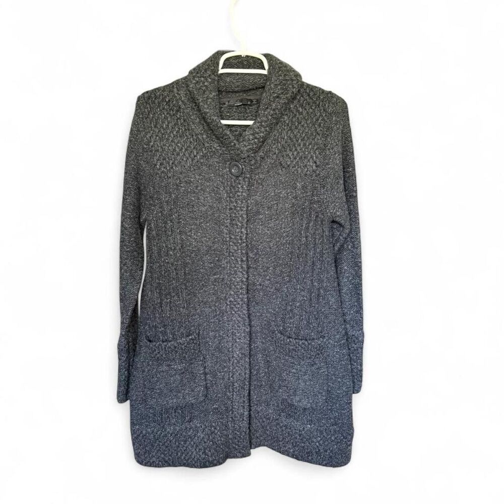 prAna Women’s Small, Long Cardigan Sweater Gray Wool Blend Shawl Collar Pockets